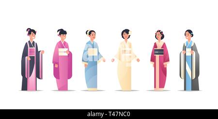 Impostare Asian Girls indossando abiti tradizionali delle donne nella legislazione nazionale in materia di antichi costumi in piedi pongono in cinese o giapponese di personaggi femminili pieno di raccolta Illustrazione Vettoriale
