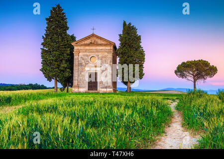 Ben noto della fotografia e luogo turistico in Toscana, incredibile Cappella di Vitaleta in estate campo di grano al tramonto colorato, Pienza, Toscana, Italia, Euro Foto Stock