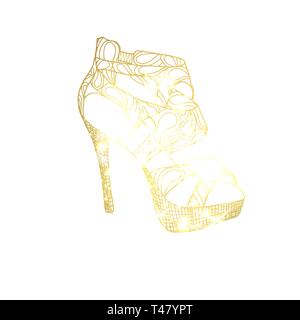 Golden tacco alto scarpa disegnati a mano illustrazione vettoriale. Le donne s scarpa disegno astratto. Femmina gradiente calzature schizzo. Golden tacchi alti abbozzato clipart. Moda isolato elemento di design Illustrazione Vettoriale