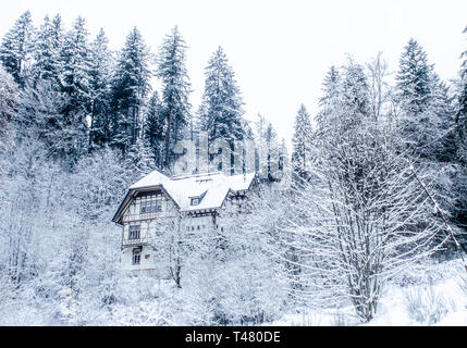 In Schwarzwaldhaus schneebedeckt Landschaft in Baden Würtemberg bei Tieberg kleines Bergehaus in mitten von Schnee inverno Foto Stock