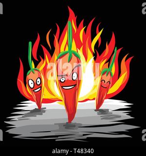 Il peperoncino team in piedi con la fiamma. Stile libero mano disegnare il vettore di rosso peperoncino piccante e fire in sfondo nero Illustrazione Vettoriale