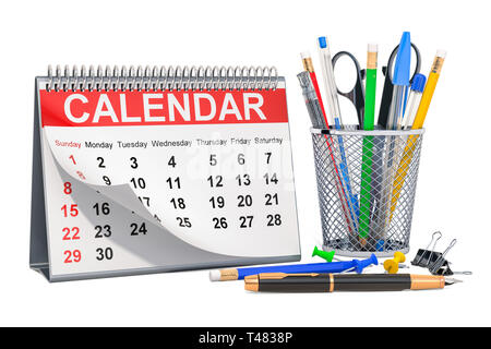 Escursioni Calendario con set di cancelleria, rendering 3D isolati su sfondo bianco Foto Stock