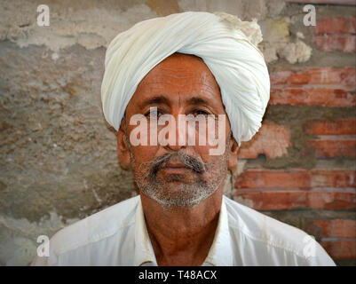 Capo Tribù dal deserto del Thar indossa la sua firma copricapo, un bianco turbante di Rajasthani (pagari) e pone per la fotocamera. Foto Stock