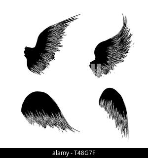 Black Bird grunge ali sagome con schizzi di inchiostro isolati su sfondo bianco Illustrazione Vettoriale