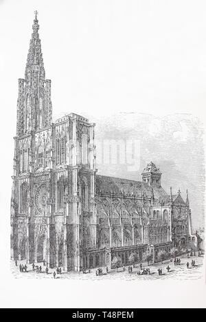 La cattedrale di Strasburgo o la Cattedrale di Nostra Signora di Strasburgo, Alsazia, 1889, storico xilografia, Francia Foto Stock