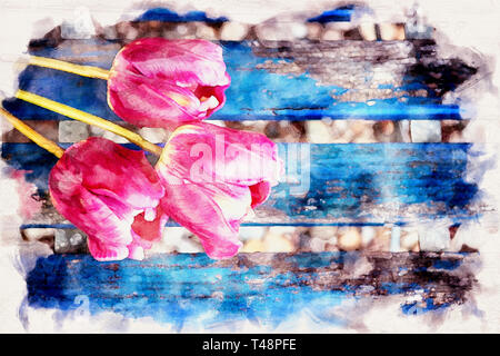 Close-up di tre tulipani viola sul blu di una tavola in legno rustico in acquerelli Foto Stock