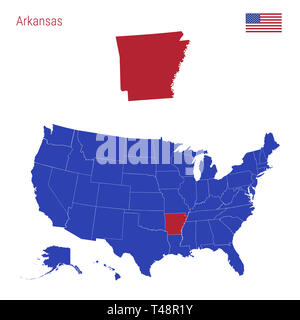 Lo stato dell'Arkansas è evidenziata in rosso. Mappa blu degli Stati Uniti diviso in diversi Stati. Mappa degli STATI UNITI D'AMERICA suddiviso in singoli Stati membri. Foto Stock