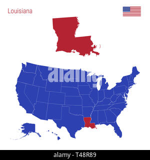 Lo stato della Louisiana è evidenziata in rosso. Mappa blu degli Stati Uniti diviso in diversi Stati. Mappa degli STATI UNITI D'AMERICA suddiviso in singoli Stati membri. Foto Stock