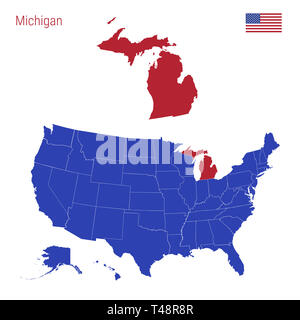 Lo Stato del Michigan è evidenziata in rosso. Mappa blu degli Stati Uniti diviso in diversi Stati. Mappa degli STATI UNITI D'AMERICA suddiviso in singoli Stati membri. Foto Stock