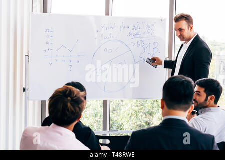 Adulto Caucasian business coach tergi grafico dalla lavagna e ascolto di pubblico durante una conferenza in Office Foto Stock