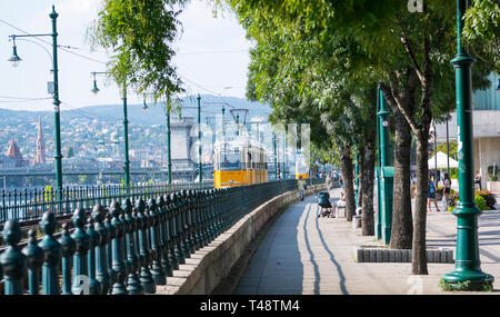 Vecchie gialle Gantz tram a Budapest in esecuzione adiacenti al fiume Danubio con il Ponte delle catene di Szechenyi nella distanza . Foto Stock