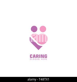 Il logo di cura, due a forma di cuore, persone una illustrazione di assistenza sociale, piatta isolata del logo su sfondo bianco. Illustrazione Vettoriale