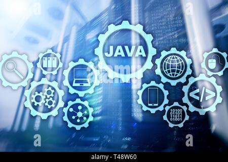 Java Programming concept. Macchina virtuale. Sulla sala server sfondo. Foto Stock