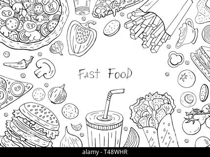 Big diverse in bianco e nero il fast food raccolta con spazio per il testo su sfondo bianco. Cucina di strada insieme. Illustrazione Vettoriale