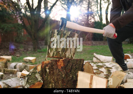 Legno di trinciatura con ax in mani. Legna da ardere la preparazione per l'inverno. Visualizzazione dinamica. Foto Stock