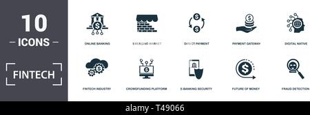 Set di Fintech raccolta di icone. Include elementi semplici come il banking online, mercato emergente, pagamento diretto, Gateway di pagamento, Digital Native, folla Illustrazione Vettoriale
