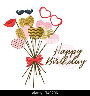 Buon compleanno modello di progetto per il biglietto di auguri con Photo Booth puntelli bouquet. Illustrazione Vettoriale. Illustrazione Vettoriale