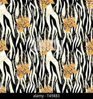 Strisce di Zebra con rosa gialla floreali fiori Seamless Pattern. Stampa Zebra, pelle di animale, strisce di tiger, configurazione astratta, linea sfondo, tessuto. Un Illustrazione Vettoriale