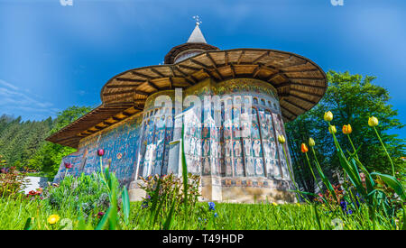 Voronet verniciato ortodossa chiesa monastero della Moldavia Bucovina, Romania Foto Stock