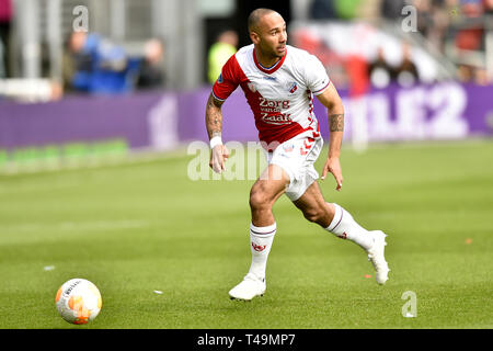 Utrecht, Paesi Bassi. Xiv Apr, 2019. Nieuw Galgenwaard, stagione 2018 / 2019, Eredivisie, FC Utrecht player Sean Klaiber durante la partita FC Utrecht - Vitesse 0-0 Credito: Pro scatti/Alamy Live News Foto Stock