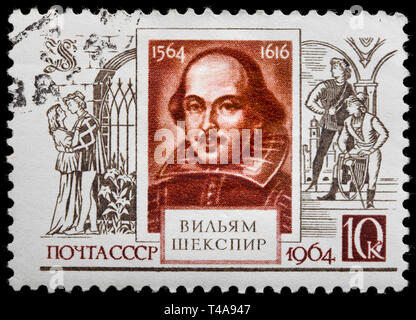 Unione Sovietica - circa 1964: un timbro stampato in URSS mostra un ritratto di William Shakespeare, circa 1964 Foto Stock