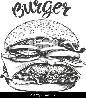 Big burger, hamburger disegnati a mano illustrazione vettoriale disegno realistico Illustrazione Vettoriale