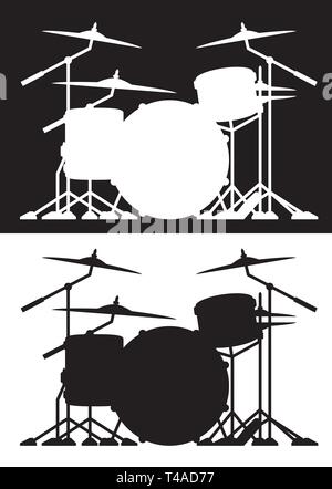 Drum set isolato silhouette illustrazione vettoriale sia in bianco e nero Illustrazione Vettoriale