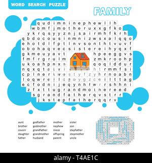 Puzzle e colorazione pagina attività - puzzle di ricerca di parola - Inglese. Famiglia amichevole. Risposta incluso Illustrazione Vettoriale