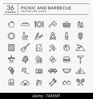 Per picnic e barbecue web icone. Set di simboli di contorno per attività ricreative all'aperto il tema. La raccolta del vettore di linea elementi isolati su sfondo bianco. Illustrazione Vettoriale