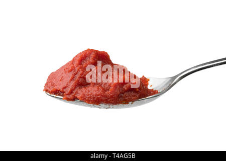 Cucchiaio di metallo con pasta di pomodoro isolato su sfondo bianco Foto Stock