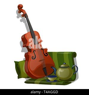 Composizione del violino e il verde listati di tessuto e set per il tè isolati su sfondo bianco. Vector cartoon close-up illustrazione. Illustrazione Vettoriale