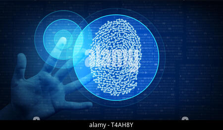 Identità biometrici come una scansione di impronte digitali tecnologia cibernetico in un concetto 3D illustrazione dello stile. Foto Stock