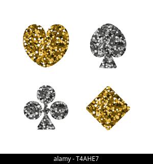 Giocare il seme della carta e la relativa icona. Golden e Silver spangle. Cuori, piastrelle Diamanti , trifogli Club , Pikes picche . Illustrazione Vettoriale. Illustrazione Vettoriale