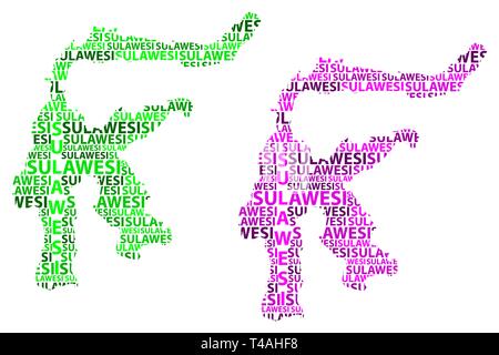 Schizzo di Sulawesi testo lettera mappa, Sulawesi (Repubblica di Indonesia) - nella forma del continente, Mappa Celebes - verde e viola illustrazione vettoriale Illustrazione Vettoriale