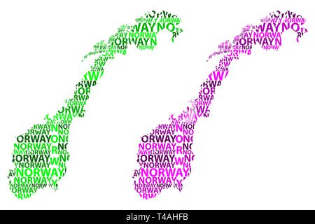 Schizzo Norvegia Lettera mappa di testo, il Regno di Norvegia - nella forma del continente, mappa Norvegia - verde e viola illustrazione vettoriale Illustrazione Vettoriale
