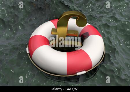 3d immagine: Golden simbolo della sterlina su un salvagente, sullo sfondo di acqua fangosa. Supporto per l'economia del Regno Unito. Iniezione finanziaria Foto Stock