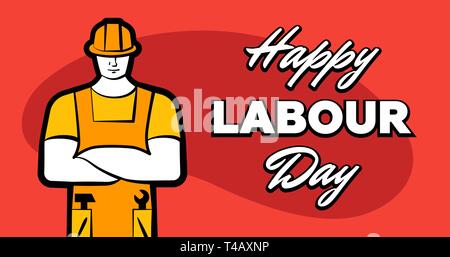 Lavoratore uomo in costruzione giallo casco e iscrizione felice Festa del lavoro. 1 maggio biglietto di auguri. Illustrazione Vettoriale per creare poster, striscioni, annuncio, promozione, Illustrazione Vettoriale
