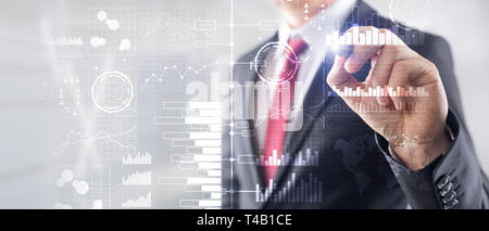 Business intelligence. Schema elettrico, Grafico, Stock Trading, investimenti cruscotto, trasparente sfondo sfocato. Banner Aziendale. Foto Stock