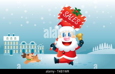 Un simpatico Babbo Natale e la sua renna è in esecuzione con un Natale di promozione delle vendite tavoletta recante sulla sua mano. Vettore. Illustrazione Vettoriale