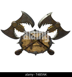 Ax e viking shield isolato su un fondo bianco. 3d illustrazione Foto Stock