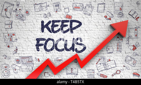 Mantenere l'attenzione disegnato su Brickwall bianco. 3d. Foto Stock