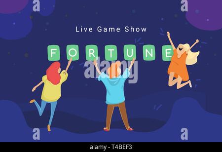 Live game show concetto piatta illustrazione vettoriale di quiz online. Un gruppo di giovani adolescenti utilizzando in piedi vicino a parete e a rispondere alle domande dei quiz e s Illustrazione Vettoriale