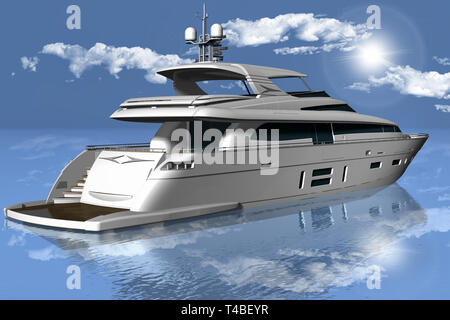 3D'illustrazione. Yacht in mare con lo sfondo del cielo, nuvole e sole. Foto Stock