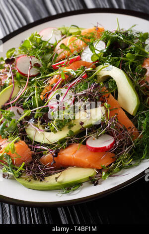 Insalata fresca con salmone salato, avocado, ravanello e microgreen close-up su una piastra sul piano verticale. Foto Stock