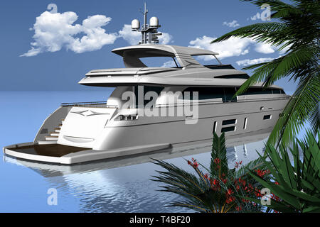 3D'illustrazione. Yacht in mare con lo sfondo del cielo, nuvole. Foto Stock