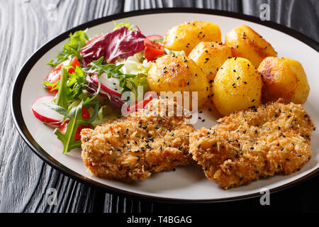 Croccante di bistecche in panatura di sesamo con patate e insalata fresca close-up su una piastra sul tavolo orizzontale. Foto Stock
