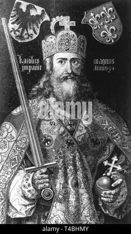 Der Kupferstich nach einem Gemälde von Albrecht Dürer zeigt den europäischen bedeutensten Herrscher des Mittelalters. Karl Der Große, geboren 742, guerra seit 768 König der Franken und seit 800 bis zu seinem Tod 814 Römischer Kaiser. | Utilizzo di tutto il mondo Foto Stock