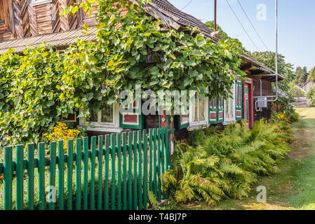 Decorate casa nel villaggio Soce sulla cosiddetta Terra di ante aperte del sentiero, famosa per l'architettura tradizionale nel Voivodato Podlaskie, Polonia Foto Stock