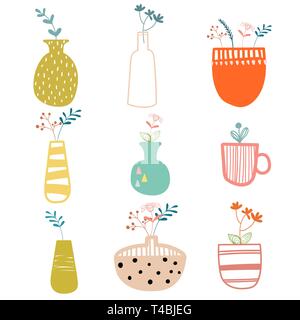 Disegnata a mano casa di piante e fiori. Lo stile scandinavo illustrazione. Insieme di piante differenti. Illustrazione Vettoriale. Illustrazione Vettoriale