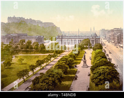 Princes Street e il castello di Edimburgo, Scozia, colorati a mano vintage fotografia, c. 1890-1900 Foto Stock